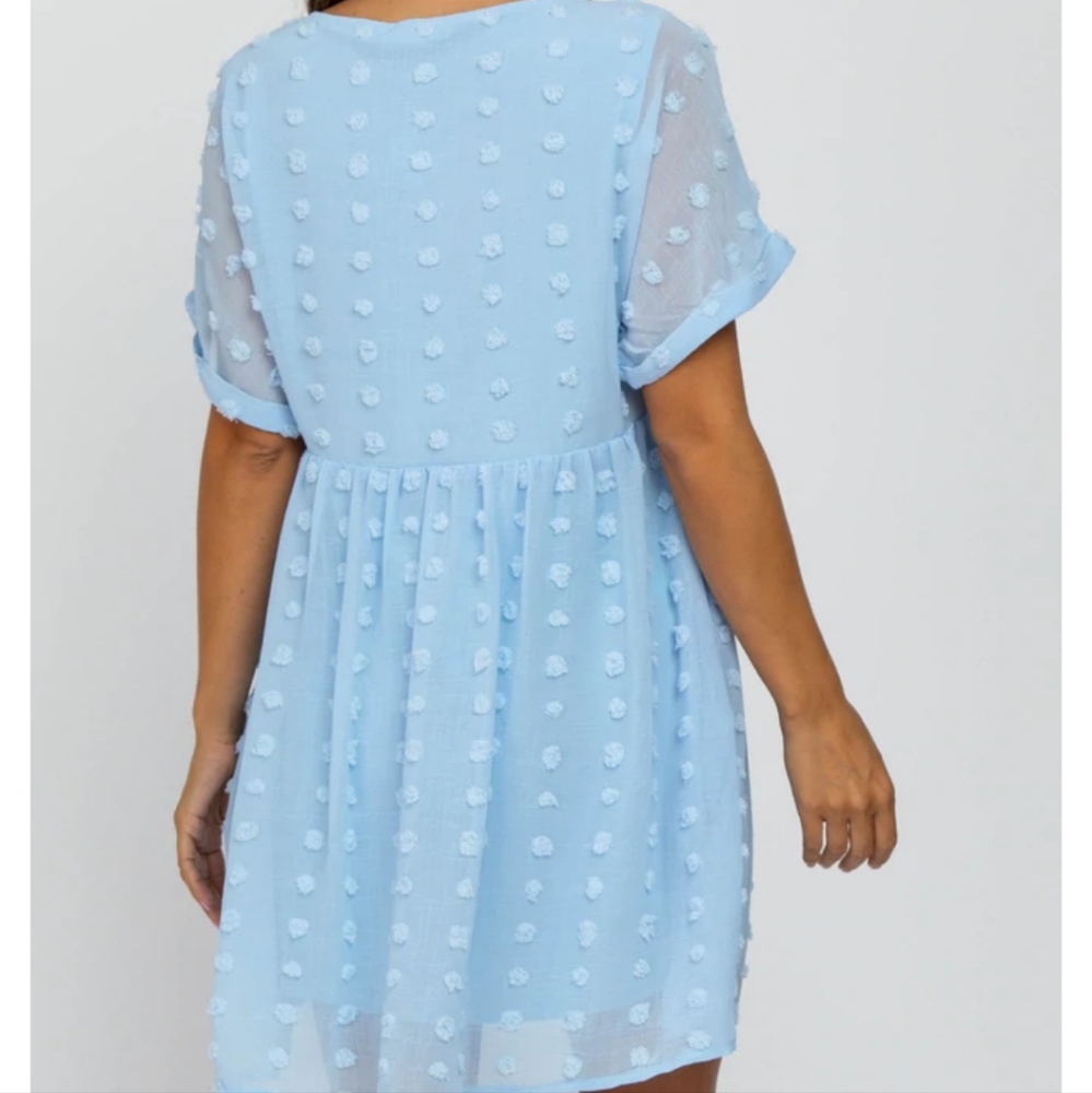 Pinkblush Light Blue V Neck Textured Swiss Dot Maternity Mini Dress Size Medium - Picture 2 of 10